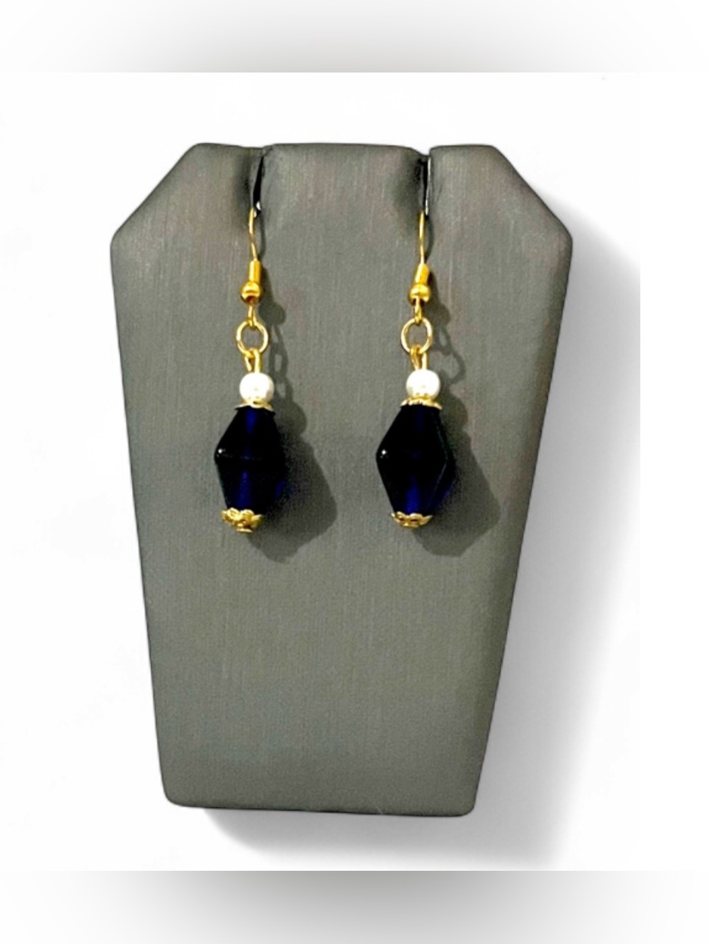 Handmade Cobalt Blue Glass Bead Dangle Earrings Gold Tone Faux Pearl Drop